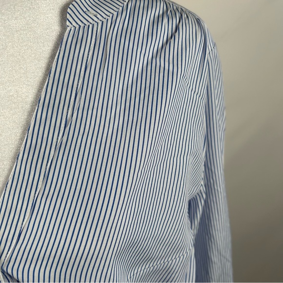 Ann Taylor White Blue Pin Striped Long Sleeve Button Down Top - Picture 3 of 5